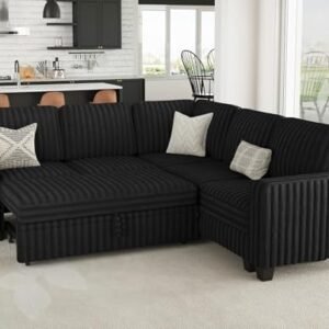 Belffin Plush Corduroy Modular Sectional Sofa with Pull Out Bed Convertible Small Sectional Corner Couch for Living Room Black Couch