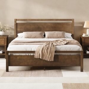 AMERLIFE Queen Size Solid Wood Bed Frame with Headboard, Minimalist Platform Bed with Wooden Slats Support/No Box Spring Needed/Easy Assembly/Noise-Free, Dark Brown