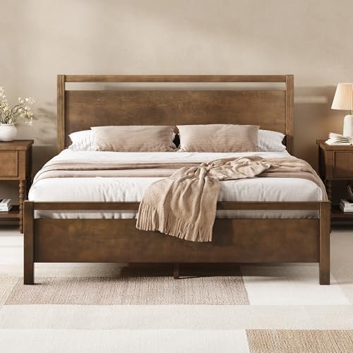 AMERLIFE Queen Size Solid Wood Bed Frame with Headboard, Minimalist Platform Bed with Wooden Slats Support/No Box Spring Needed/Easy Assembly/Noise-Free, Dark Brown