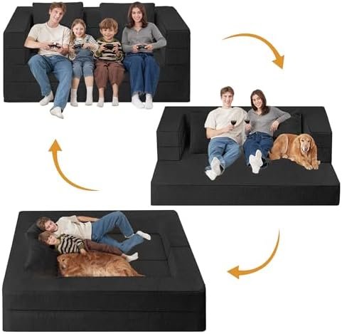 Futon Sofa Bed with Pillow, 3-in-1 Sleeper Sofa Bed with Removable Cover, Convertible Floor Sofa Bed, No Assembly Boneless Couch for Living Room, Bedroom