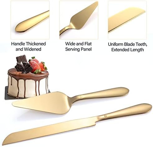 Eisinly Cake Cutting Set for Wedding, Elegant Cake Knife and Server Set with Thickened Stainless Steel Rounded Edges, Cake Cutter Pie Spatula for Birthday Anniversary, 2 Pcs, Gold