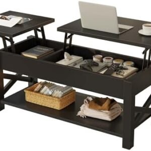 Rolanstar Coffee Table 47.2", 2 Way Lift Top Farmhouse Center Table with Hidden Compartment, Open Shelf & X Wooden Support for Living Room, Black