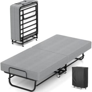 Folding Bed with Mattress, Portable Foldable Bed for Adults, Roll Away Guest on Wheels, Memory Foam Mattress and Metal Frame, Space Saving Fold Up for Easy Storage