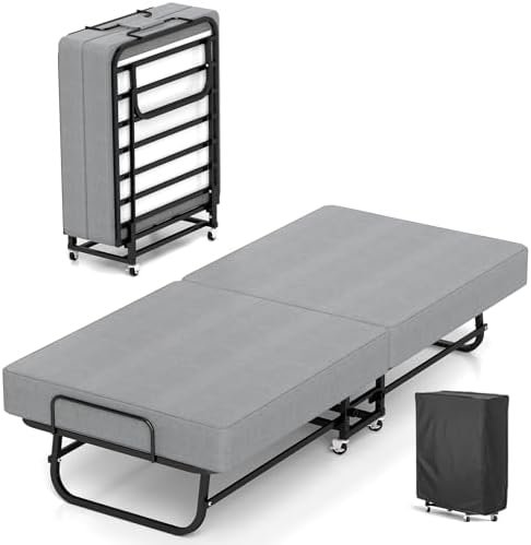 Folding Bed with Mattress, Portable Foldable Bed for Adults, Roll Away Guest on Wheels, Memory Foam Mattress and Metal Frame, Space Saving Fold Up for Easy Storage