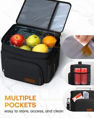 HOTOR Insulated Lunch Box for Men & Women - Leak-Proof Cooler Lunch Bag with 4 Pockets, Adjustable Strap, Ideal for Work, Picnic, Travel - Medium, Black, 10.2"×6.9"×8.5"