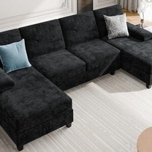 Meilocar Sectional Couches for Living Room, 106 in U Shaped Couch Soft Sectional Sofa with Double Chaise, Comfortable 4 Seat Sofa Couch (Black)