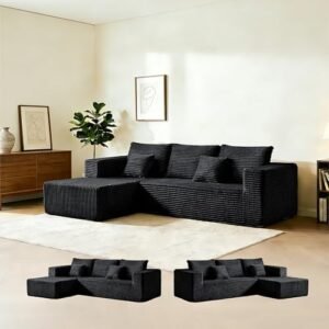106" Black Corduroy Boneless Modular Sectional Sofa, Cloud-Louch Deep Seat Sofa with Left Chaise for Living Room & Bedroom（L-Shaped Left Facing Chaise）