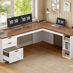 SEDETA Farmhouse 67" L Shaped Desk with 3 Drawers, White Corner Computer Desk with Storage Shelves, Home Office Desks with Power Outlets，Executive Desk for Home Office, White and Brown