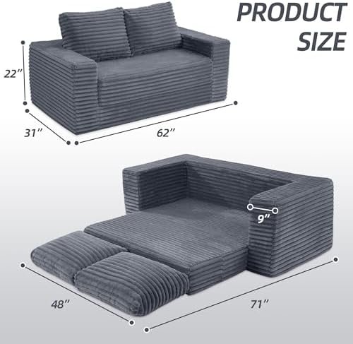 62" Convertible Sofa Bed, 4 in 1 Folding Couch Bed with Corduroy Fabric & 2 Pillows, Pull Out Floor Couch for Living Room, Bedroom, Apartment (Dark Grey)