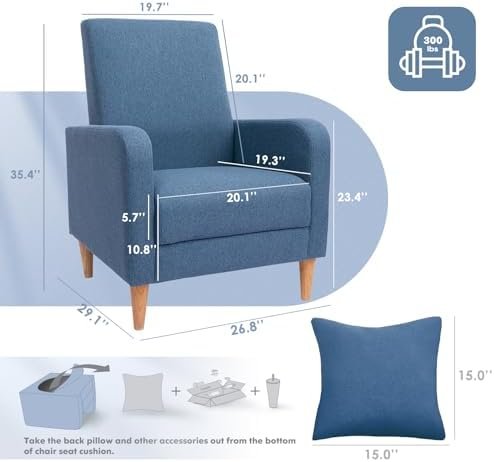 COLAMY Modern Upholstered Accent Chair Armchair with Pillow, Fabric Reading Living Room Side Chair,Single Sofa with Lounge Seat and Wood Legs, Blue