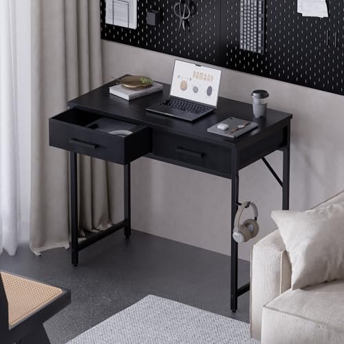 Pamray 32 Inch Small Computer Desk with 2 Drawers for Bedroom Study Writing Home Office Table for Small Spaces Black