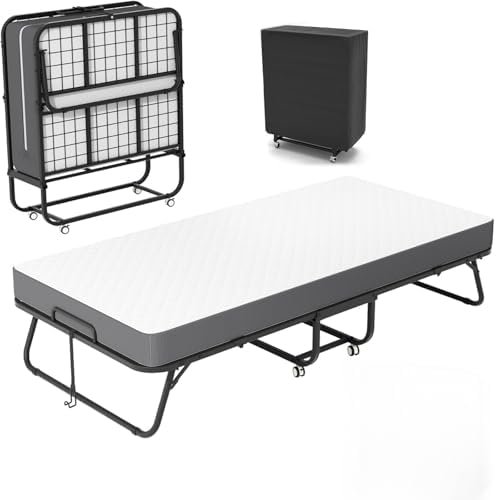 75" x 31" Folding Bed with Mattress for Adults, Portable Rollaway Beds with Memory Foam Mattress & Super Strong Frame, Convenient Foldable Roll Away Bed for Storage