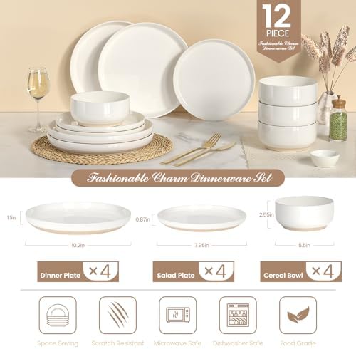 Plates and Bowls Sets, Dinnerware Sets for 4, 12 Pieces Scratch Resistant Dishware Dishes Set, Ceramic Kitchen Dinner Set, Porcelain & Microwave and Dishwasher Safe, Cream White