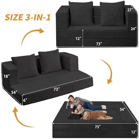 Futon Sofa Bed with Pillow, 3-in-1 Sleeper Sofa Bed with Removable Cover, Convertible Floor Sofa Bed, No Assembly Boneless Couch for Living Room, Bedroom