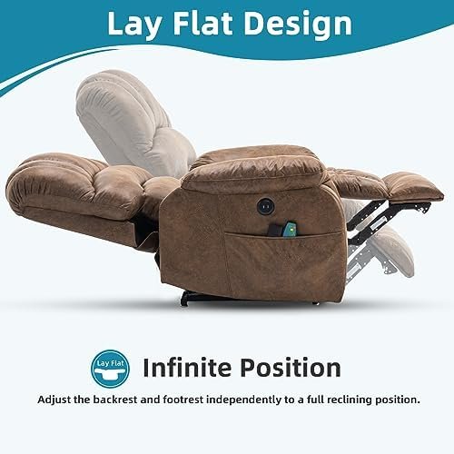 Large Dual Motor Power Lift Recliner Chair Lay Flat Sleeper Chair with Heat and Massage, 2 Remote Controls, 2 USB Ports & 2 Side Pockets (Brown)