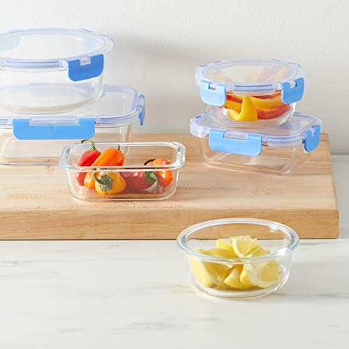 Amazon Basics Glass Food Storage Containers, Leak Proof, Oven Safe, Easy to Clean, Stain Resistant, Set of 7, 14 Pieces Including Lids, BPA-Free, Clear with Blue Silicone Ring