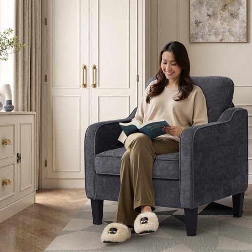 Accent Chairs Set of 2, Upholstered Living Room Chairs with Side Pocket, Mid Century Modern Reading Chair for Bedroom, Comfy Armchair Single Sofa Side Chair for Office, Small Room, Dark Grey