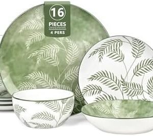 Porcelain Dinnerware Sets for 4, 16 Pieces Sage Green White Floral Plates and Bowls Set, Spring Summer Leaves Dishes Set, Microwave and Dishwasher Safe Ceramic Dinner Set with Pasta Bowls