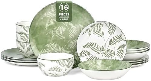 Porcelain Dinnerware Sets for 4, 16 Pieces Sage Green White Floral Plates and Bowls Set, Spring Summer Leaves Dishes Set, Microwave and Dishwasher Safe Ceramic Dinner Set with Pasta Bowls