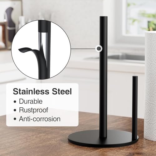 Paper Towel Holder Black, Premium Stainless Steel Kitchen Roll Dispenser, Countertop Roll Organizer with Weighted Base