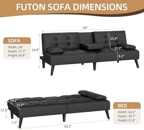 Futon Sofa Bed,Leather Foldable Couch,Reclining Sleeper with Removable Armrests,Upholstered Loveseat Sofa Couch with Folding Cup Holders for Home,Black