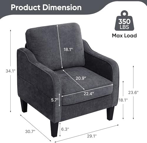 Accent Chairs Set of 2, Upholstered Living Room Chairs with Side Pocket, Mid Century Modern Reading Chair for Bedroom, Comfy Armchair Single Sofa Side Chair for Office, Small Room, Dark Grey