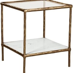 Signature Design by Ashley Ryandale Square Accent Table for Living Room, Sand‑Casted Aluminum Frame With Brass Finish, Glass Top and White Marble Shelf, 21" Size