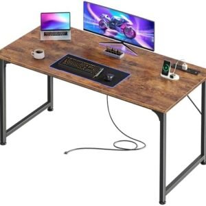 PRAISUN 47 X 20 Inch Office Computer Desk with Power Outlets and USB-C Port, Larger Gaming Desk, for Home Office, Study, Bedroom, Writing Work from Home Table, Metal Frame, Rustic Brown
