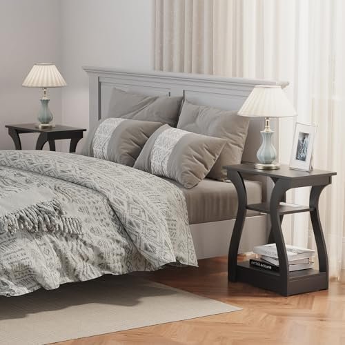 Black End Table Set of 2 with Charging Station, Side Table with USB Ports and Outlets, Black Nightstand, 3 Tier End Table with Storage Shelf for Living Room, Bedroom