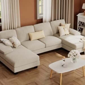Furmax Sectional Couches for Living Room, U-Shaped Sofa Couch with Linen Fabric, 4 Seat Sofa Set with Double Chaise for Apartment (Corduroy, Beige)