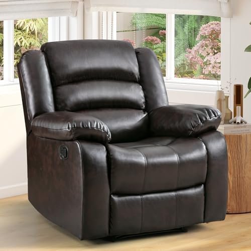 ANJ Manual Recliner Chair, Breathable Faux Leather Reclining Chairs with Overstuffed Arm and Back, Living Room Single Sofa Recliners (Dark Brown)