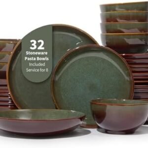 Pokini 32 Piece Double Bowl Dinnerware Sets with Pasta Bowls, Highly Chip and Crack Resistant Plates and Bowls Sets, Natural Earthyware Ceramic Dishware Sets, Service for 8 Brown Green