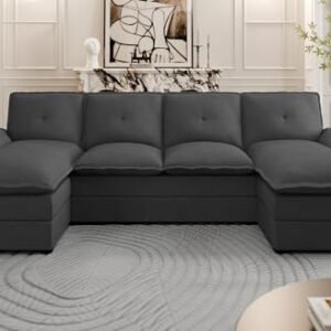 U Shaped Sectional Couches for Living Room,110" Modern Big Sofa Couch with Double Chaise,4 Seat Modular Sofa Couches with Thick Cushion & Soft Backrest,Black