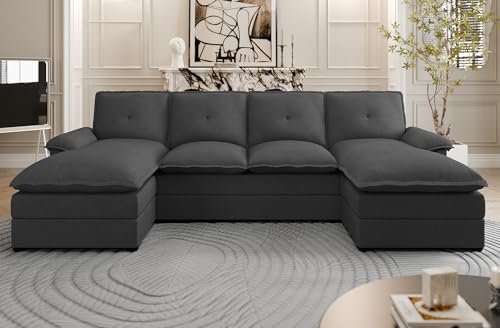 U Shaped Sectional Couches for Living Room,110" Modern Big Sofa Couch with Double Chaise,4 Seat Modular Sofa Couches with Thick Cushion & Soft Backrest,Black