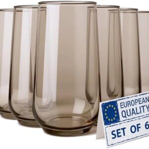 Smokey Sand Drinking Glasses Set of 6 | Translucent Brown Glassware | 16 oz Brown Glass Cups | Highball Drinkware for Cocktails, Long Drink, Mojito, Juice, Soda | Modern Tortoise Drinkware