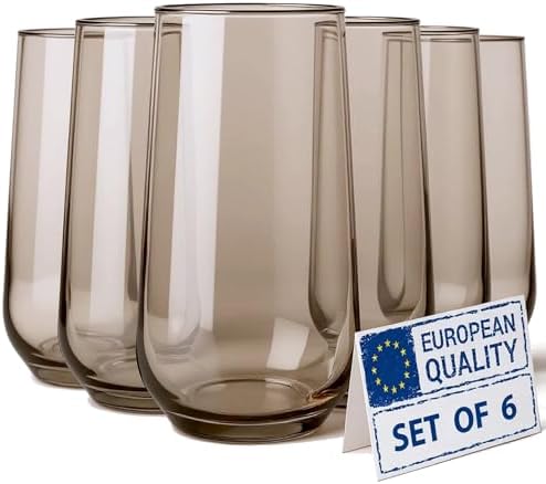 Smokey Sand Drinking Glasses Set of 6 | Translucent Brown Glassware | 16 oz Brown Glass Cups | Highball Drinkware for Cocktails, Long Drink, Mojito, Juice, Soda | Modern Tortoise Drinkware