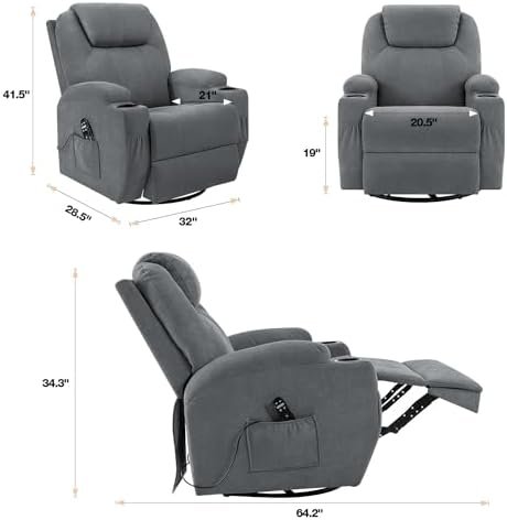 Flamaker Rocking Chair Recliner Chair with Massage Swivel Ergonomic Lounge Chair Classic Single Sofa with 2 Cup Holders Side Pockets Living Room Chair Home Theater Seat (Gray)