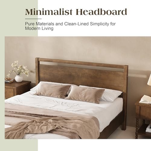 AMERLIFE Queen Size Solid Wood Bed Frame with Headboard, Minimalist Platform Bed with Wooden Slats Support/No Box Spring Needed/Easy Assembly/Noise-Free, Dark Brown