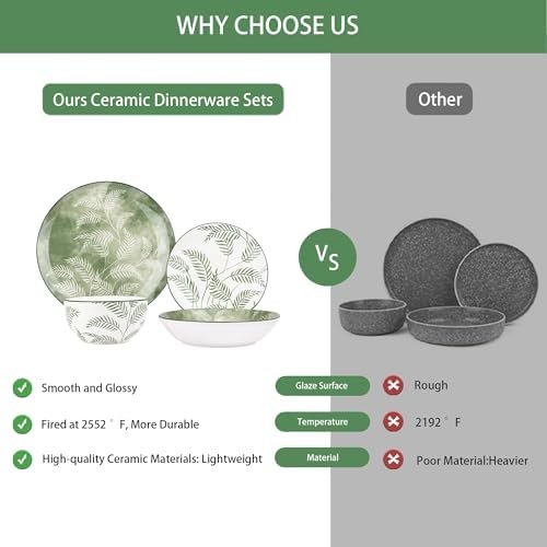 Porcelain Dinnerware Sets for 4, 16 Pieces Sage Green White Floral Plates and Bowls Set, Spring Summer Leaves Dishes Set, Microwave and Dishwasher Safe Ceramic Dinner Set with Pasta Bowls