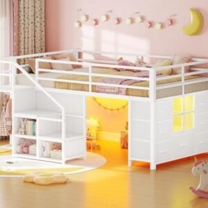 BTHFST Low Loft Bed with Stairs & LED Lights, Twin Loft Bed with 7 Storage Drawers & 3 Open Cubbies & Handy Clothes Rail, Kids Loft Bed with Safety Guardrail, Under-Bed Play Area, White