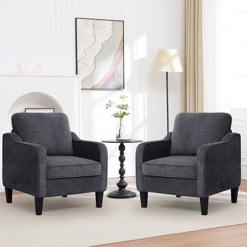 Accent Chairs Set of 2, Upholstered Living Room Chairs with Side Pocket, Mid Century Modern Reading Chair for Bedroom, Comfy Armchair Single Sofa Side Chair for Office, Small Room, Dark Grey