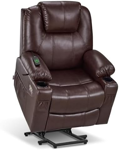 MCombo Electric Power Lift Recliner Chair Sofa with Massage and Heat for Elderly, 3 Positions, 2 Side Pockets, and Cup Holders, USB Ports, Faux Leather 7040 (Dark Brown, Medium)