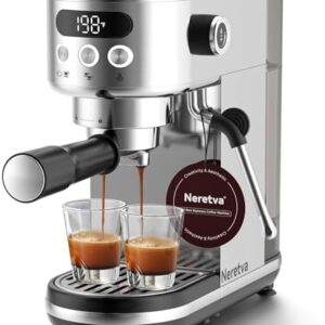 Neretva Espresso Machine 20 Bar, Super Compact Espresso Maker Stainless Steel Professional Coffee Machine Espresso with Power Steam & LED Display for Home Barista Latte and Cappuccino Maker-Silver