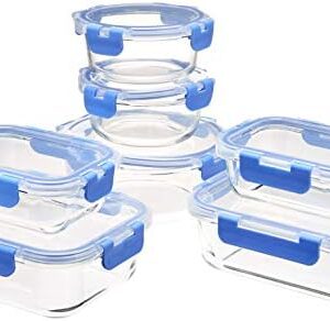Amazon Basics Glass Food Storage Containers, Leak Proof, Oven Safe, Easy to Clean, Stain Resistant, Set of 7, 14 Pieces Including Lids, BPA-Free, Clear with Blue Silicone Ring