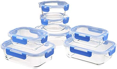 Amazon Basics Glass Food Storage Containers, Leak Proof, Oven Safe, Easy to Clean, Stain Resistant, Set of 7, 14 Pieces Including Lids, BPA-Free, Clear with Blue Silicone Ring