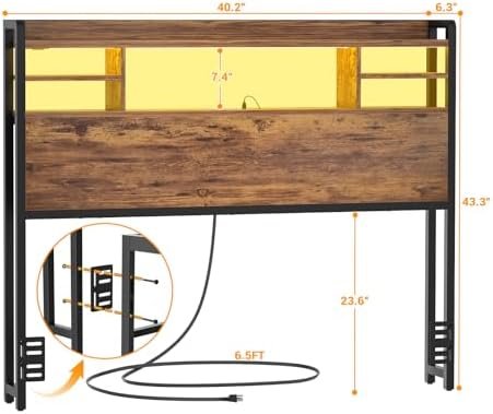Aheaplus Headboard for Twin Size Bed with Storage, Headboards with LED Light, Power Outlets, USB Ports Twin Size Head Board, Wood headboard Only Sturdy and Stable Headboards, Rustic Brown