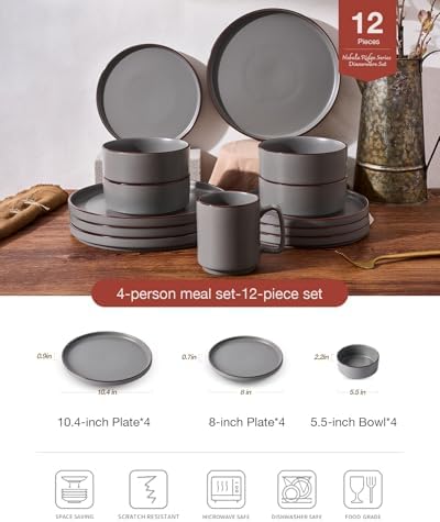 Famiware Nebula Ridge Stoneware Dinnerware Sets, Plates and Bowls Sets for 4, 12 Pieces Dishes Set, Microwave and Dishwasher Safe Kitchen Plates, Dark Gray