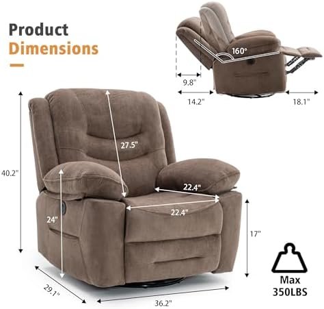 Power Swivel Rocker Recliner with Massage and Heat, USB Port, Infinite Position, Oversized Electric Glider Rocking Chairs Living Room, Soft Fabric Reclining Sofa Chair(Mocha)