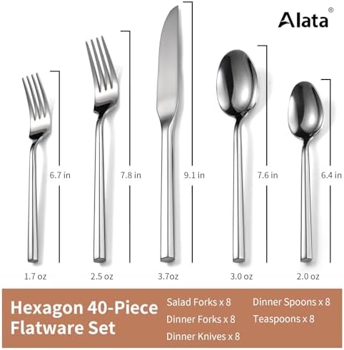 Alata Hexagon 40-Piece Forged Silverware Set Stainless Steel Flatware Set Cutlery Set,Service for 8,Mirror Finish,Dishwasher Safe