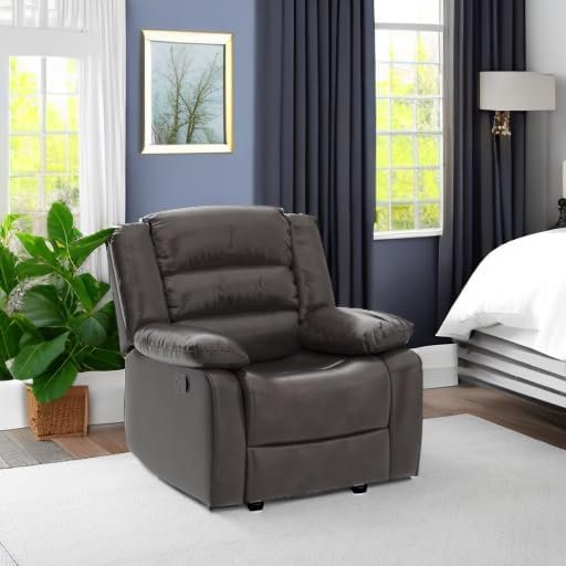 ANJ Manual Recliner Chair, Breathable Faux Leather Reclining Chairs with Overstuffed Arm and Back, Living Room Single Sofa Recliners (Dark Brown)